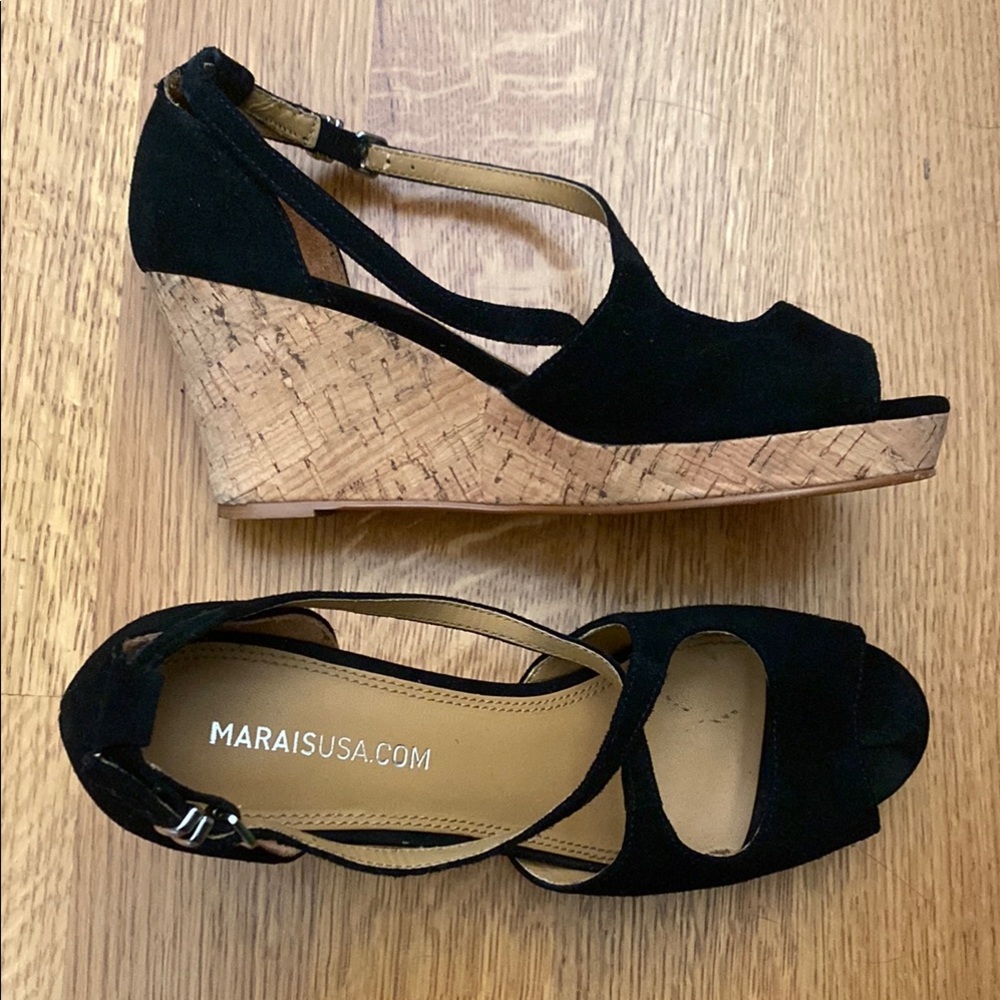 Anthropologie Black Wedge Sandals with Crisscross Straps